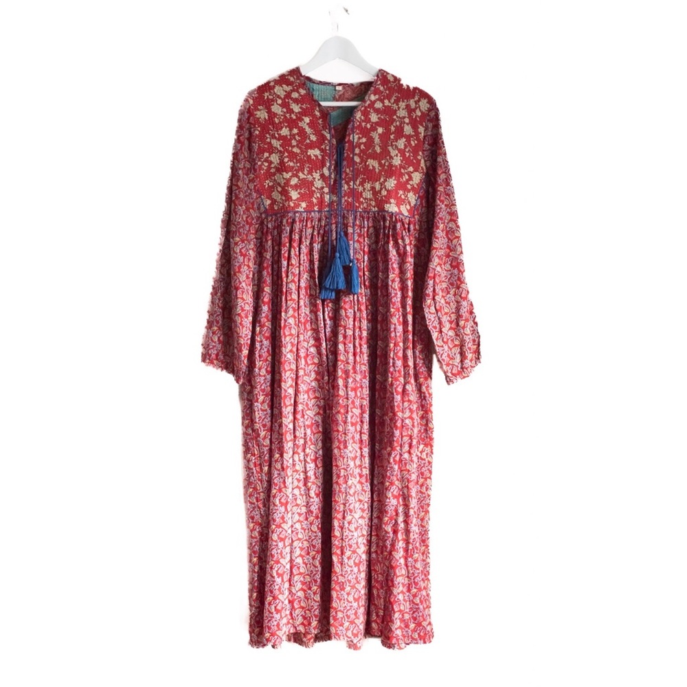 Indian Boho Block Print Hand Stitched Red Kantha Bodice Maxi Dress Sz Small - Picture 10 of 11